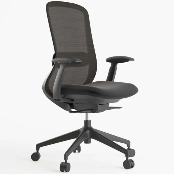 Silla Ejecutiva Bes ergonómica con soporte lumbar ajustable y asiento de malla negra en oficina moderna