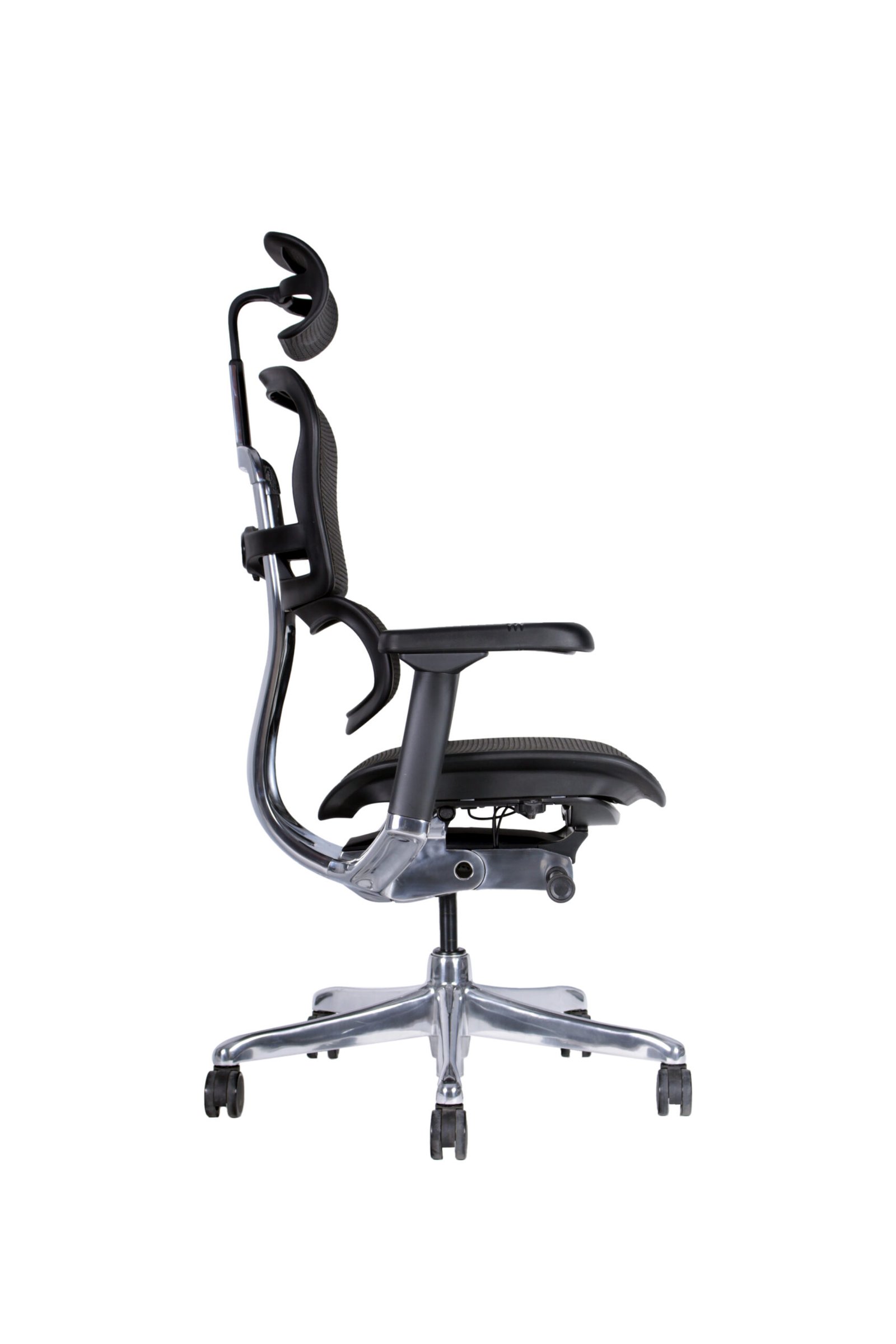 Silla ergonómica Ergohuman Elite Malla vista lateral – soporte lumbar ajustable y base de aluminio.