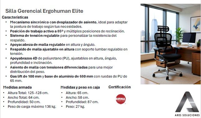 Silla ergonómica gerencial Ergohuman Elite Malla FIcha Técnica – diseño moderno y ergonómico.