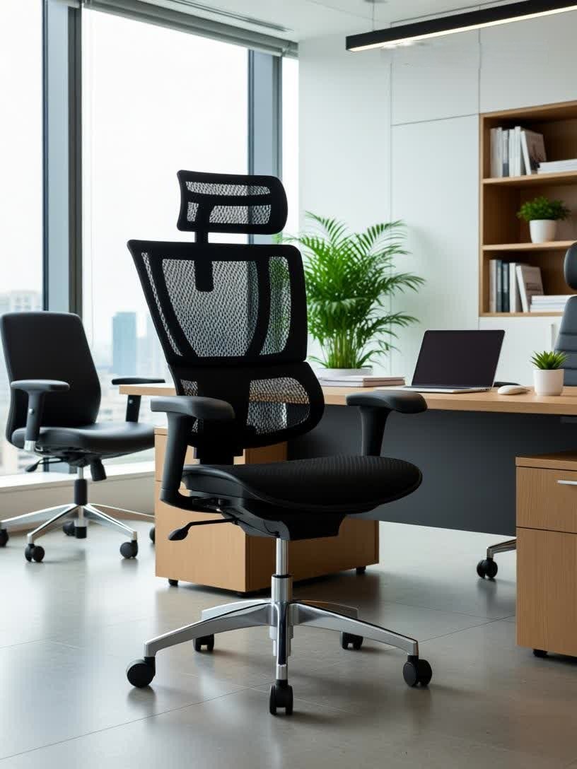 Silla Gerencial 100 Black vista diagonal ambientada – silla ergonómica premium con apoyacabeza y apoyabrazos ajustables.