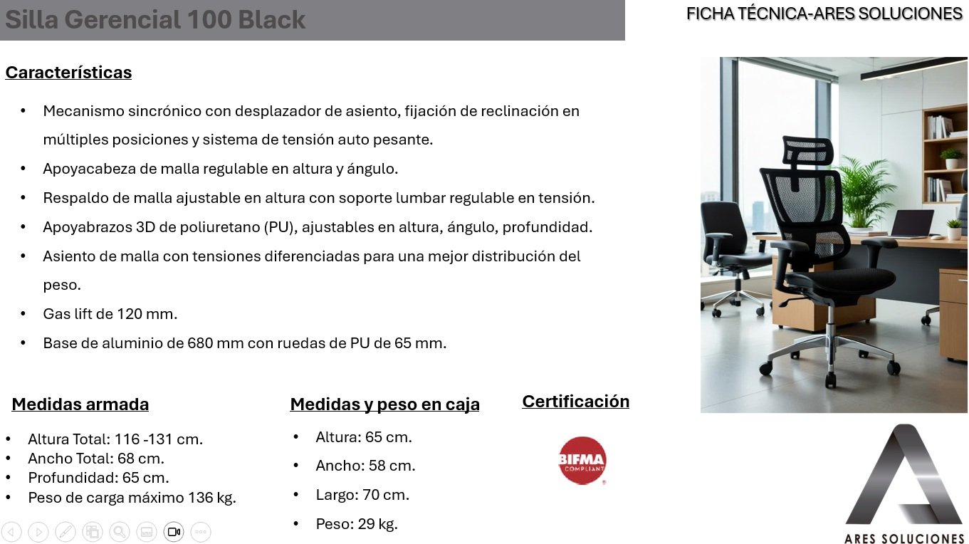 Silla Gerencial 100 Black ficha técnica – diseño ergonómico y estructura de malla transpirable.