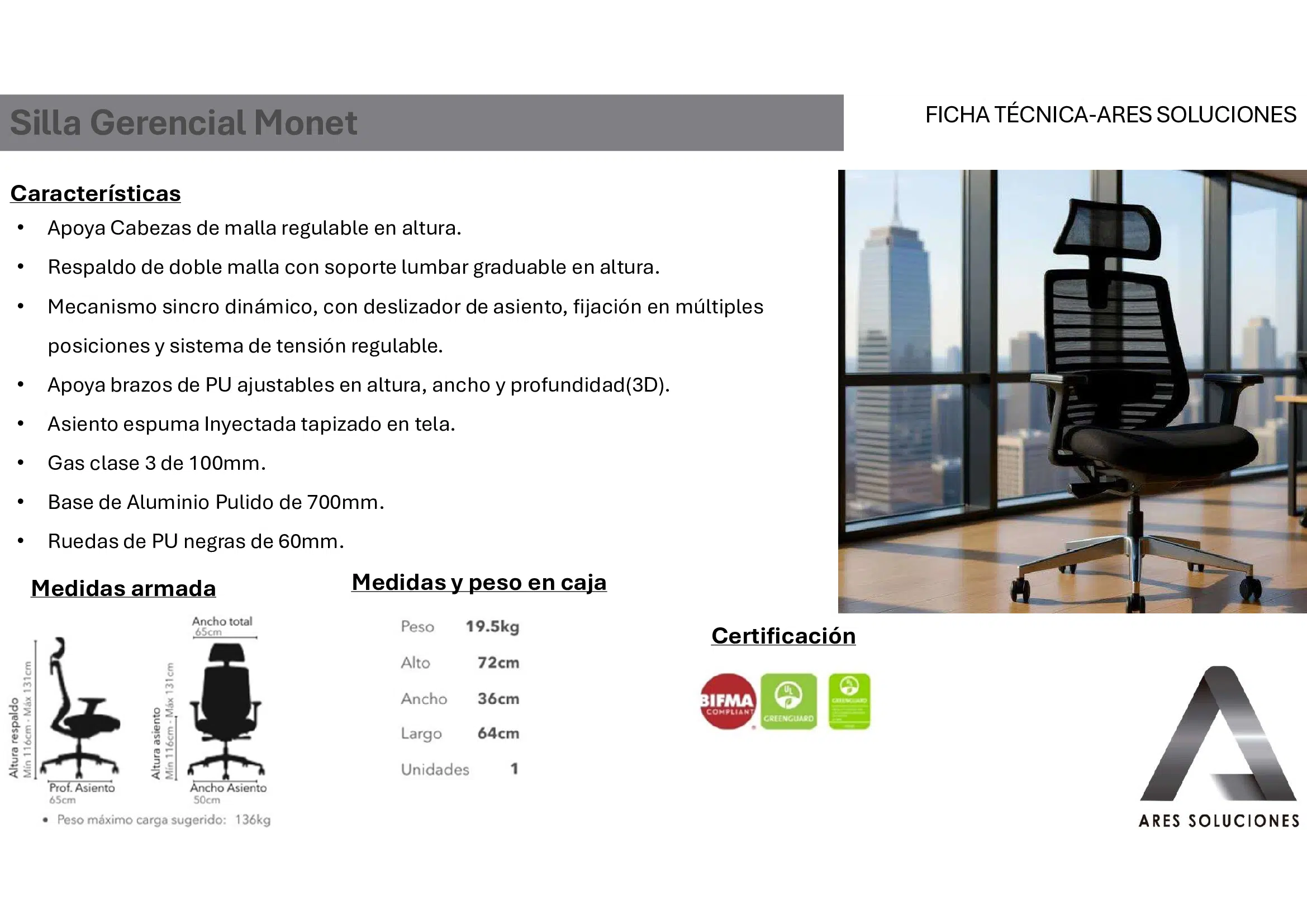 Silla Gerencial Monet Ficha técnica